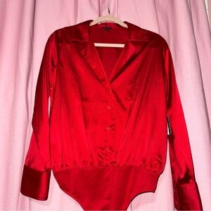 Express Red Satin Long-Sleeve Bodysuit